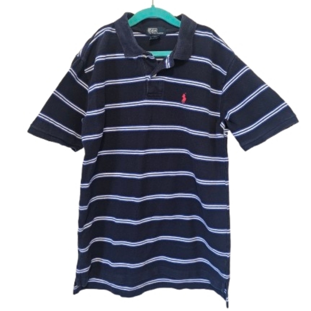 Polo By Ralph Lauren Navy Blue Striped Kids Polo Shirt Large 14-16 Used